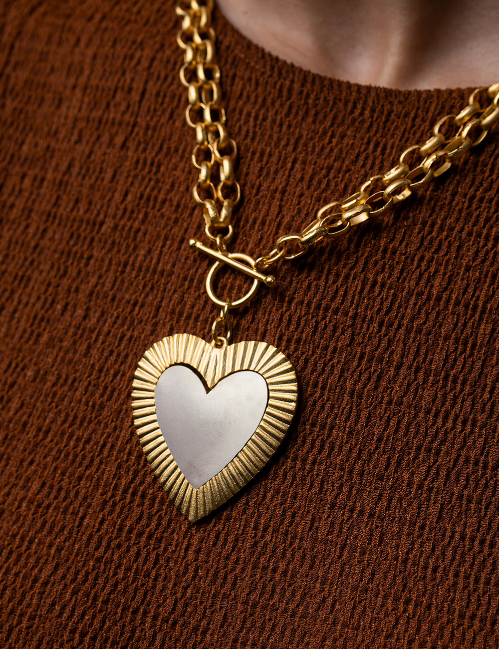 Gold Etched Double Heart Chain - Gold and Silver