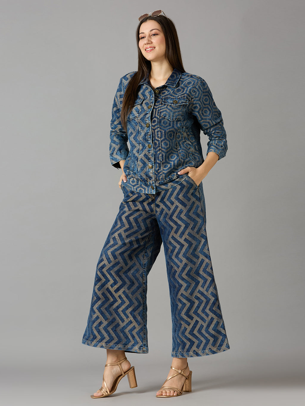 DENIM METALLIC BROCADE GEOMETRIC FLARE PANTS