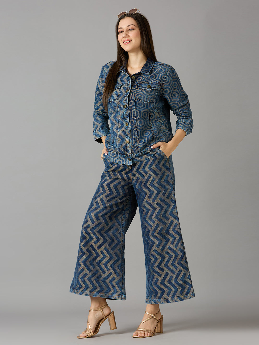 DENIM METALLIC BROCADE GEOMETRIC FLARE PANTS