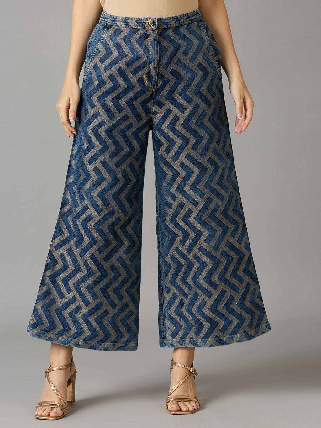 DENIM METALLIC BROCADE GEOMETRIC FLARE PANTS