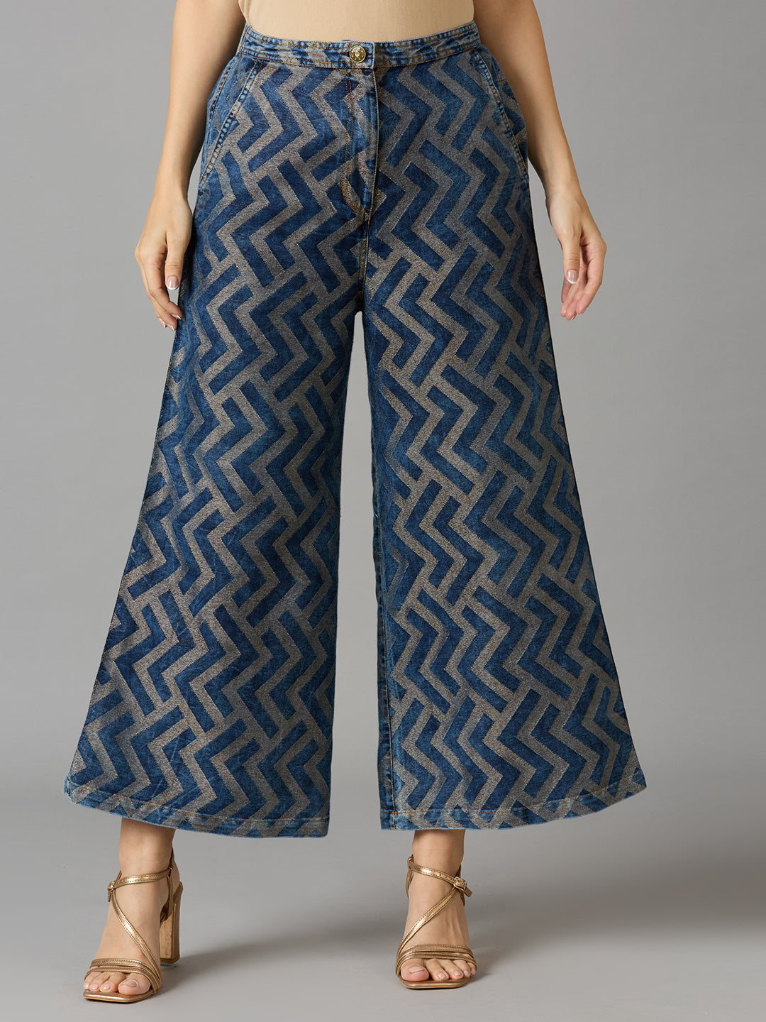 DENIM METALLIC BROCADE GEOMETRIC FLARE PANTS