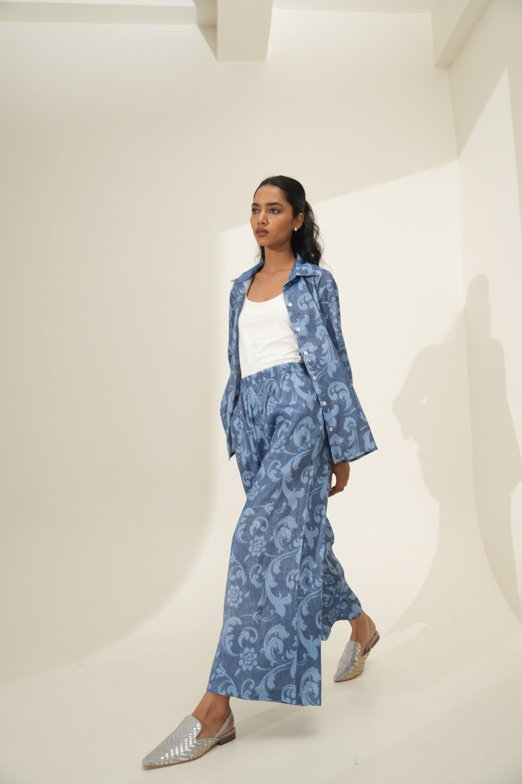 DENIM BLUE BROCADE BOOTCUT PANTS