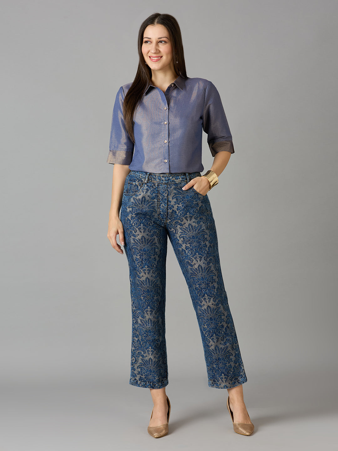 DENIM METALLIC BROCADE STRAIGHT PANTS