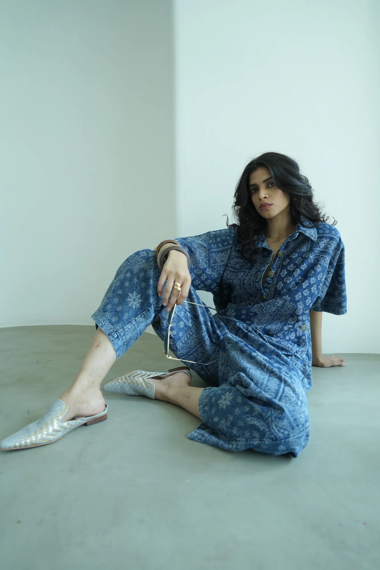DENIM BLUE BROCADE WIDE LEG PANTS