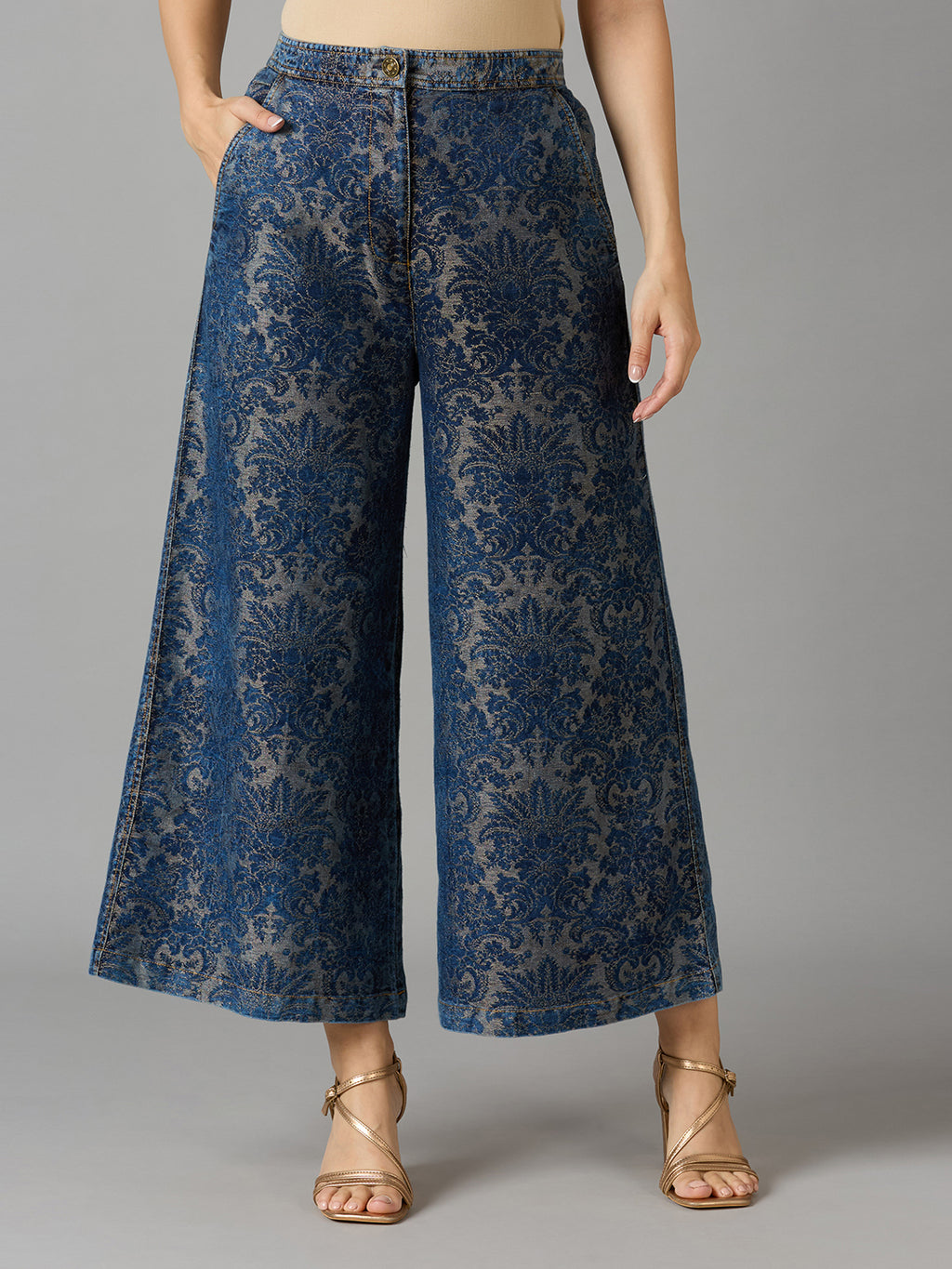 DENIM METALLIC BROCADE TAPESTRY FLARE PANTS