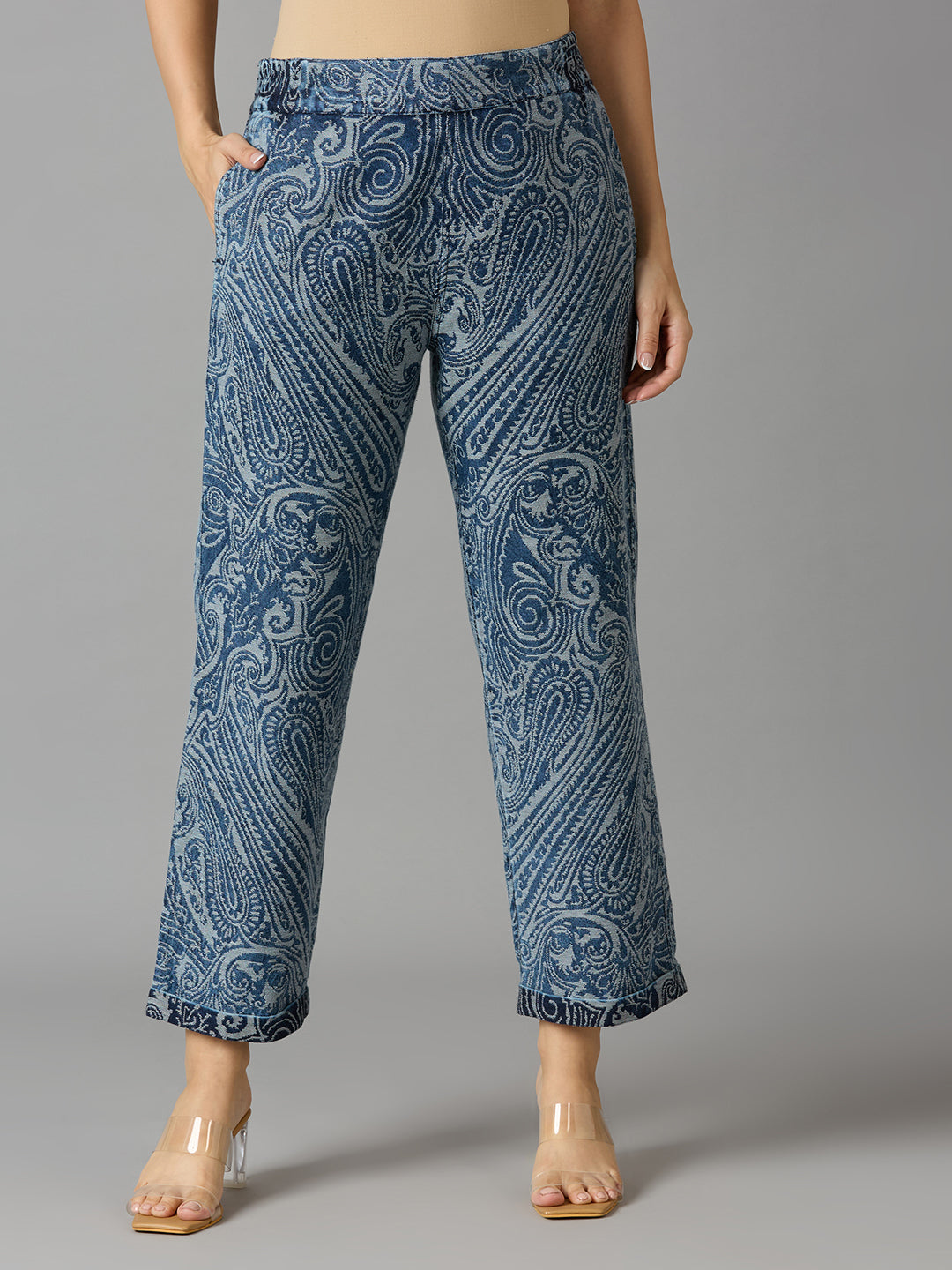 DENIM BROCADE PAISLEY SLIM PANTS
