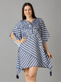 DENIM GEOMETRIC PRINTED PONCHO DRESS