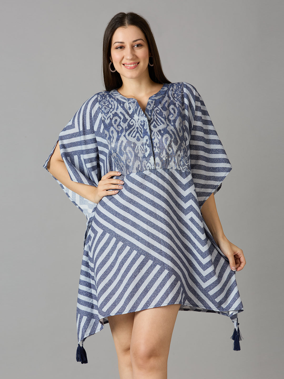 DENIM GEOMETRIC PRINTED PONCHO DRESS