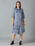 DENIM BLUE IKAT PRINTED METALLIC SHIRT DRESS