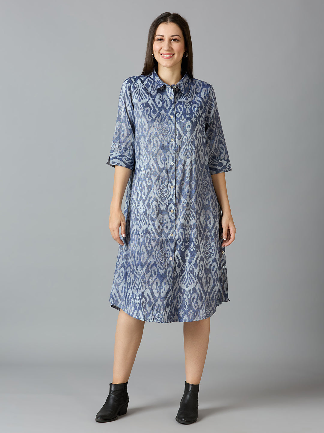 DENIM BLUE IKAT PRINTED METALLIC SHIRT DRESS