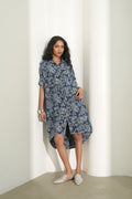 DENIM BLUE FLORAL DESIGN BROCADE SHIRT DRESS