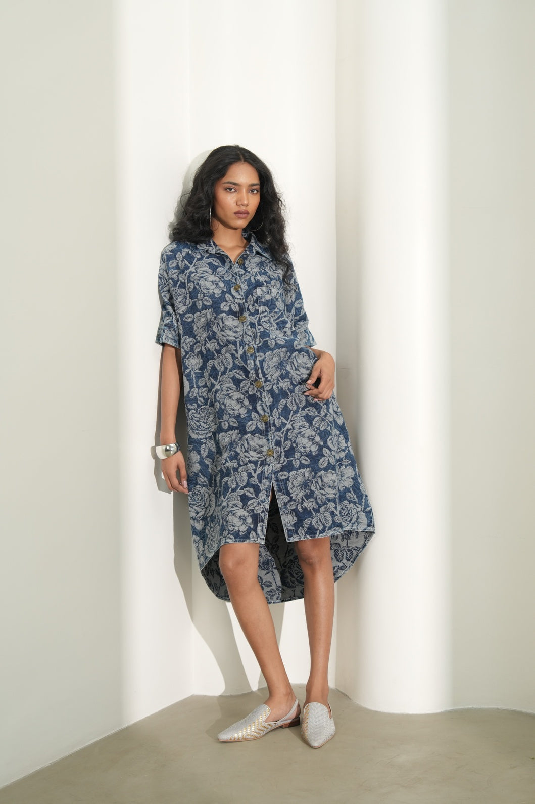 DENIM BLUE FLORAL DESIGN BROCADE SHIRT DRESS