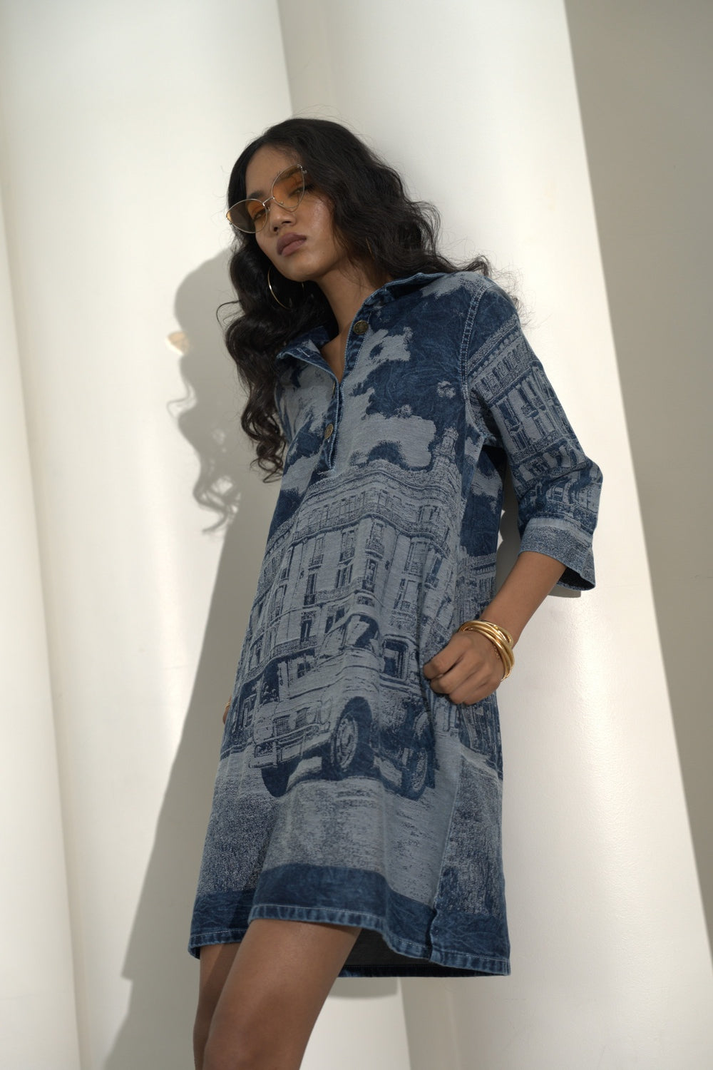 DENIM BLUE SELF DESIGN BROCADE SHIRT DRESS