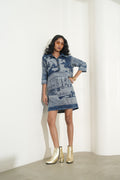 DENIM BLUE SELF DESIGN BROCADE SHIRT DRESS