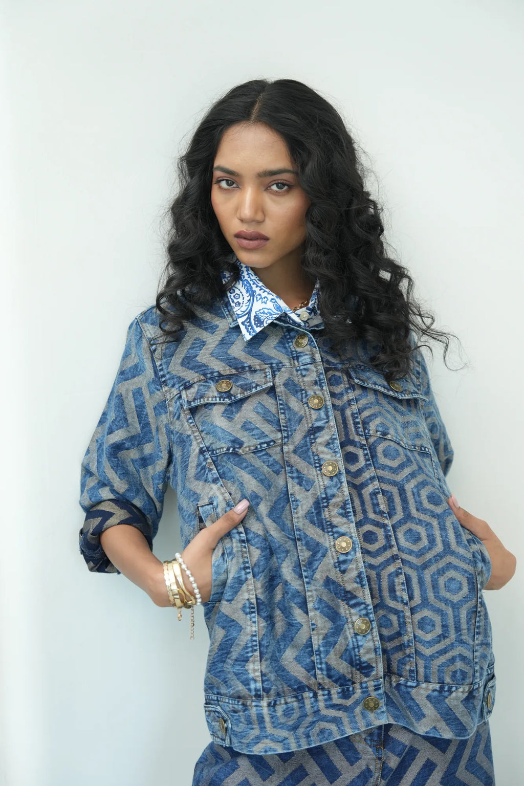 DENIM METALLIC BROCADE GEOMETRIC SHORT JACKET