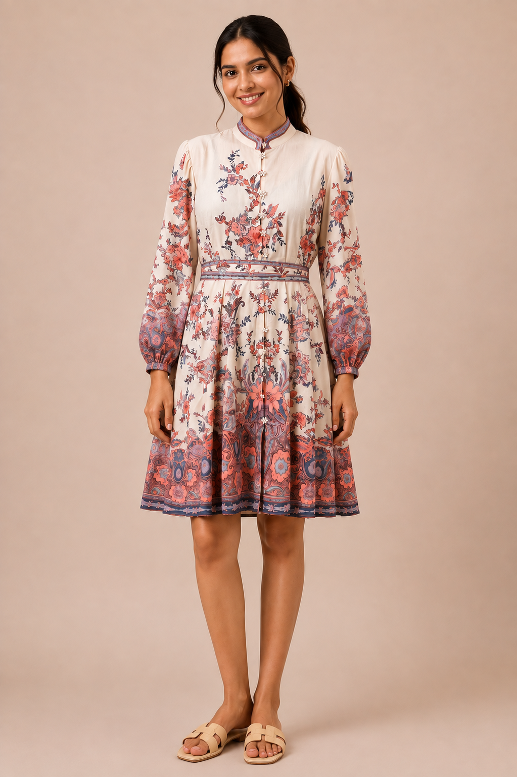 Ivory Paisley Bloom Tie-Waist Dress