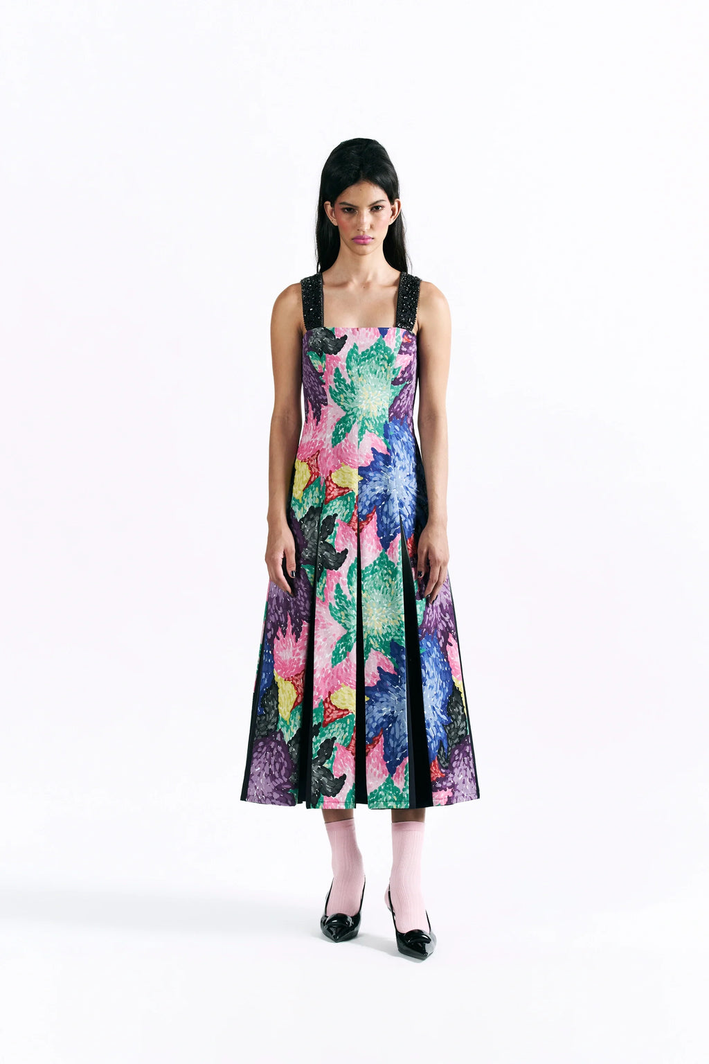 Mosaic Peonies Box Pleat Midi Dress