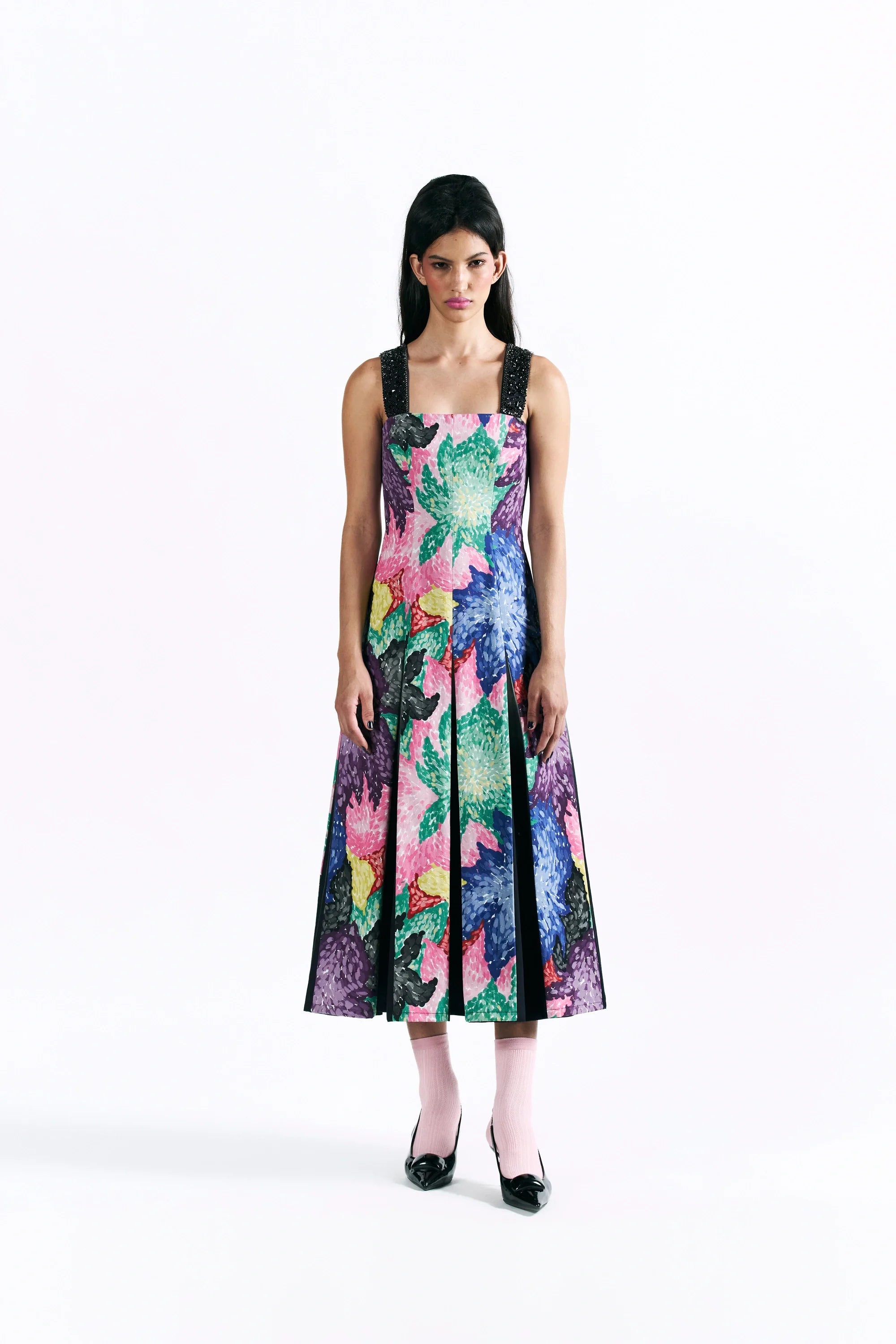 Mosaic Peonies Box Pleat Midi Dress