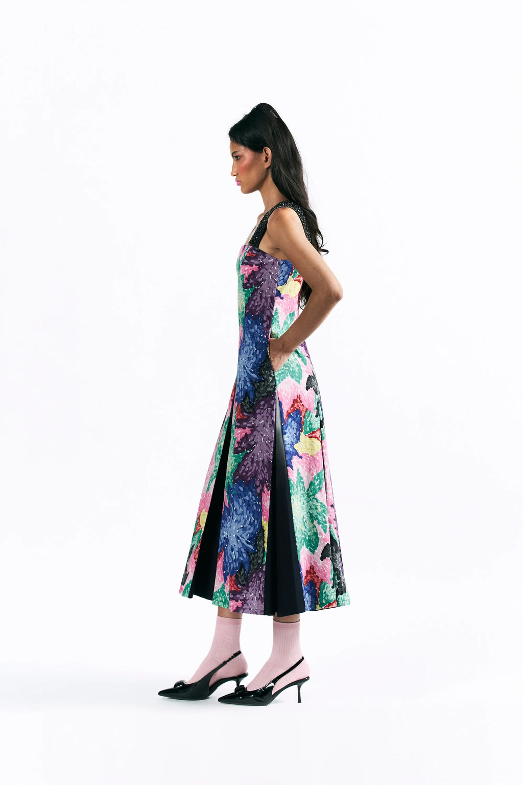 Mosaic Peonies Box Pleat Midi Dress