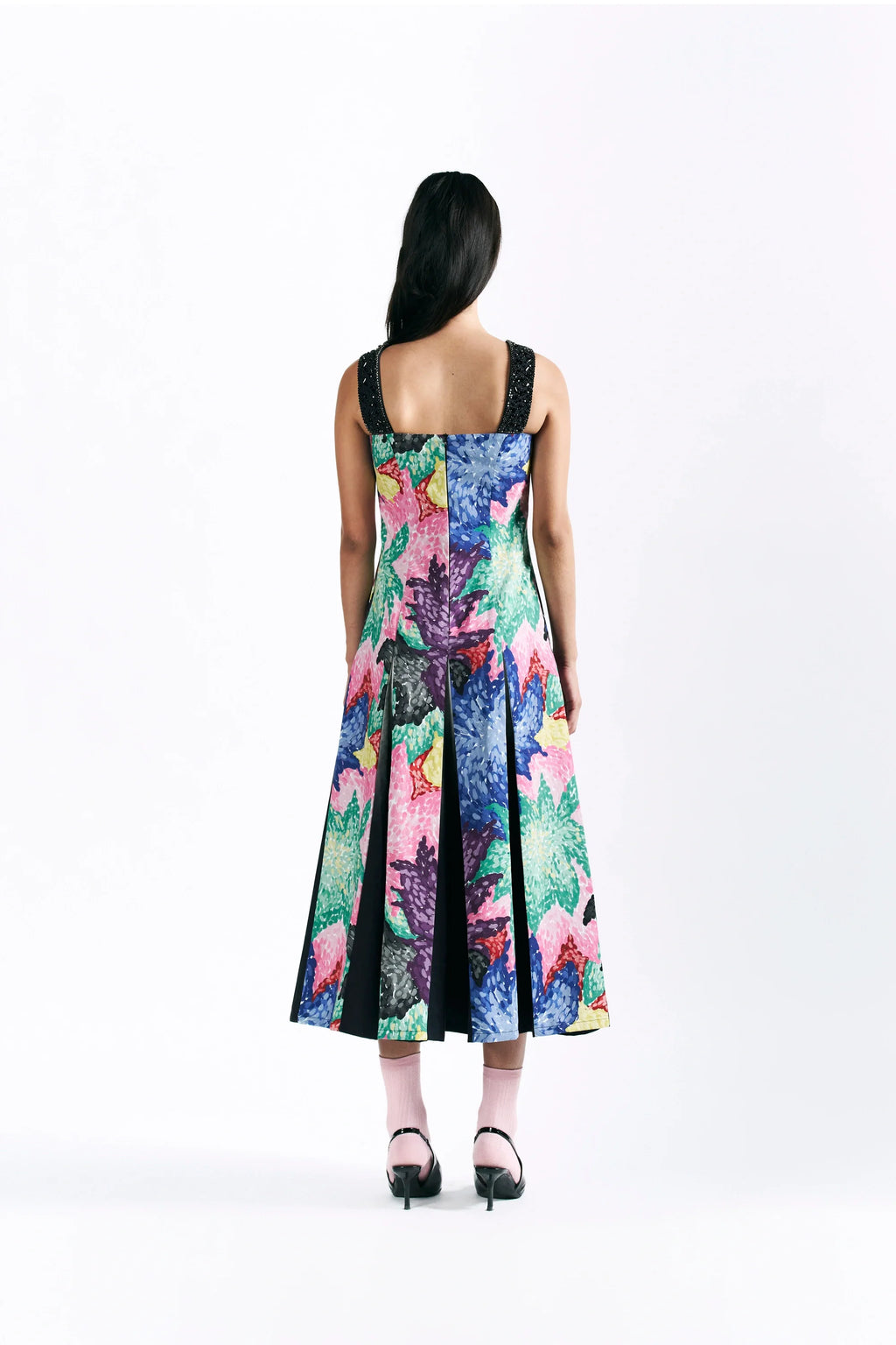 Mosaic Peonies Box Pleat Midi Dress