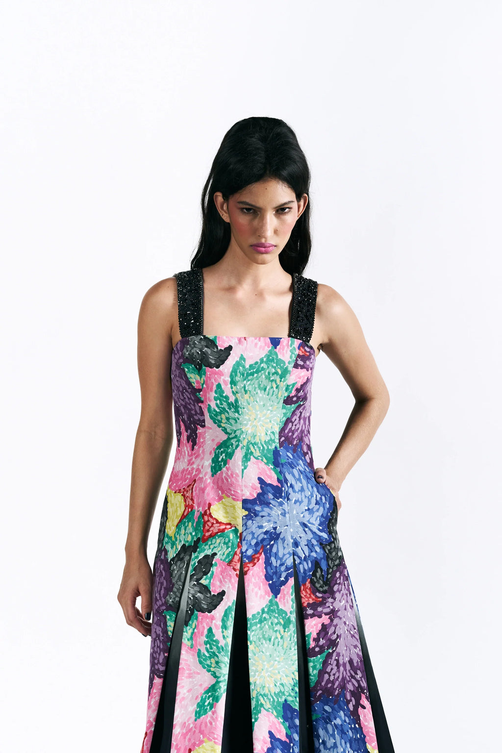 Mosaic Peonies Box Pleat Midi Dress
