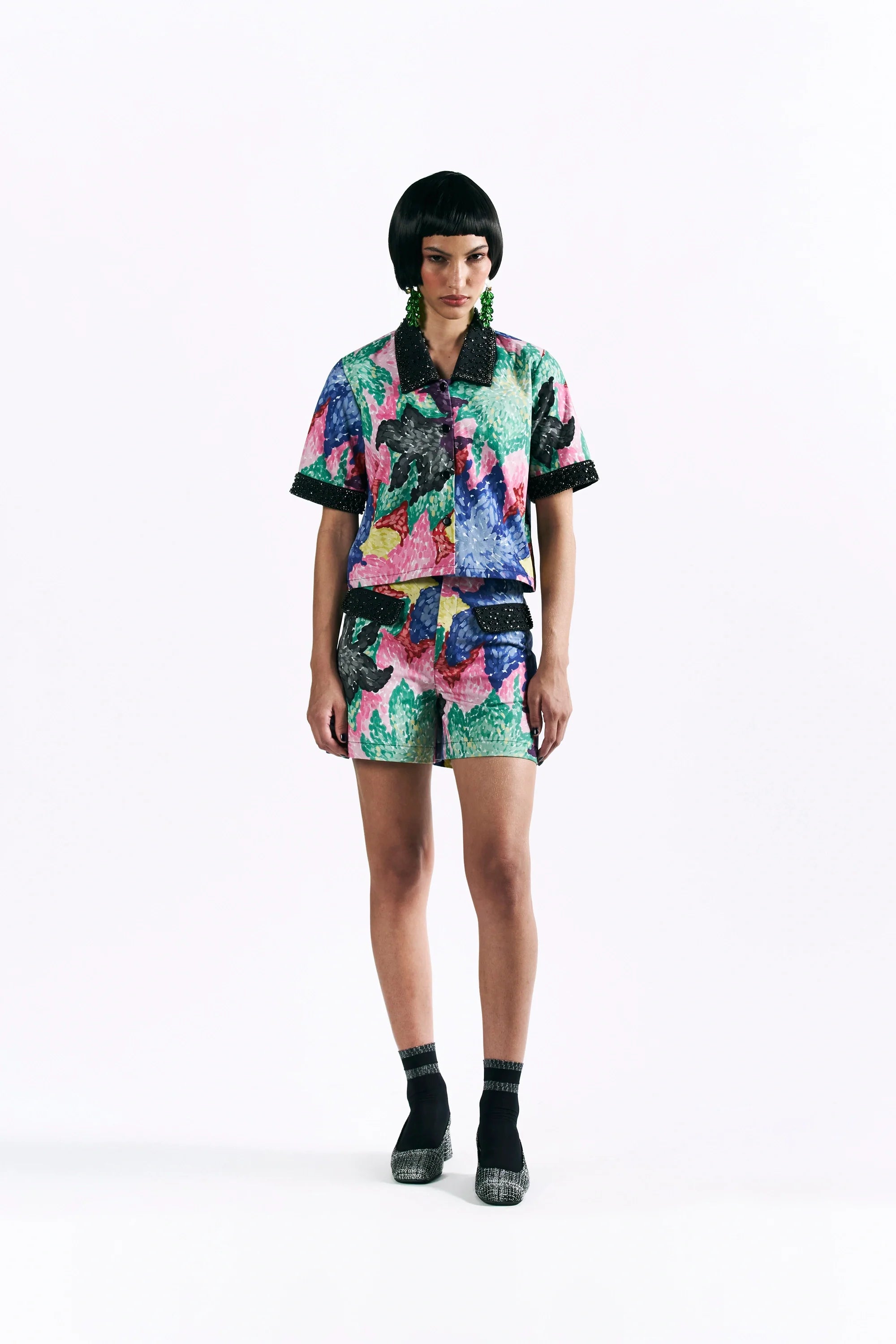 Mosaic Peonies Cropped Shirt