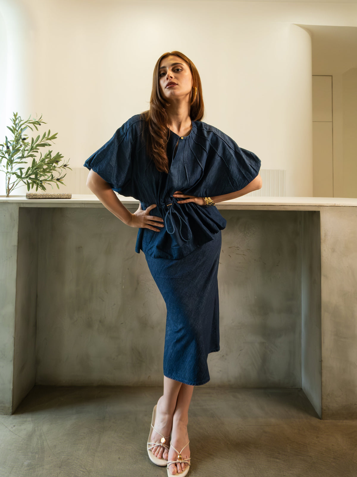 Indigo Pleated Top & Skirt Co-ord set
