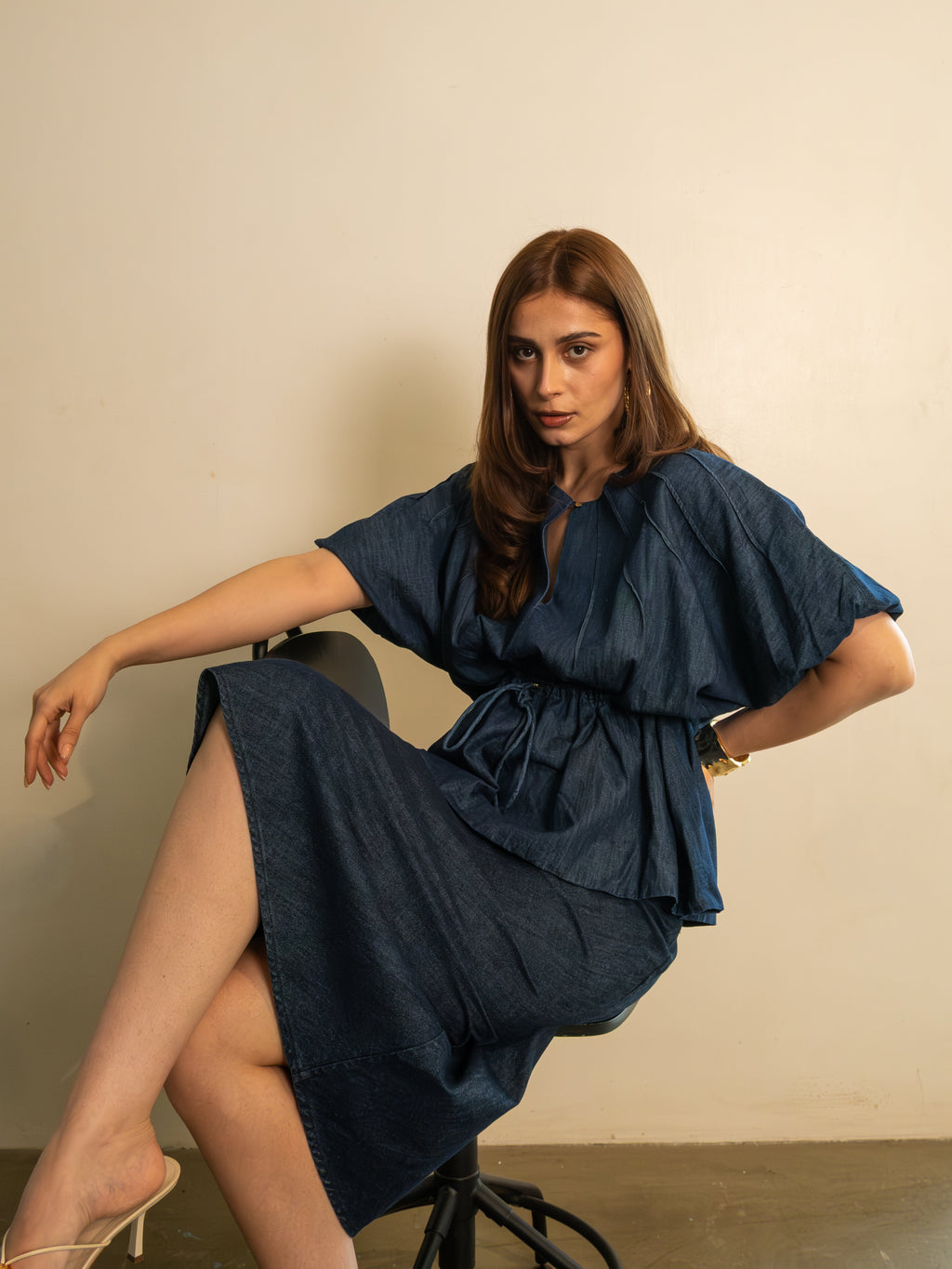 Indigo Pleated Top & Skirt Co-ord set