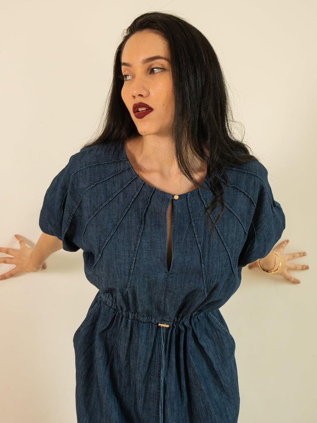 Denim Pleated Midi Dress