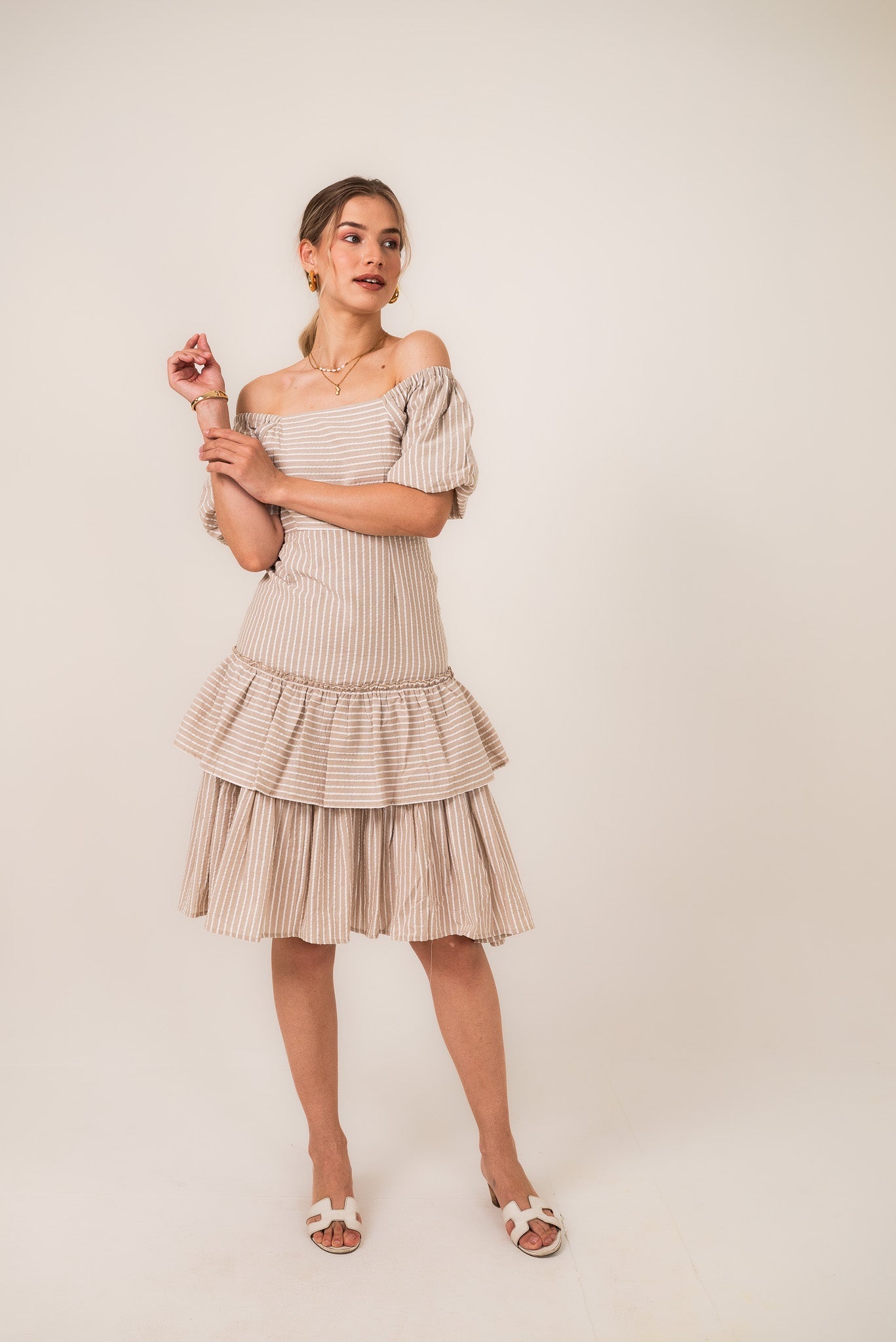 Sand Stripe Ruffle Dress