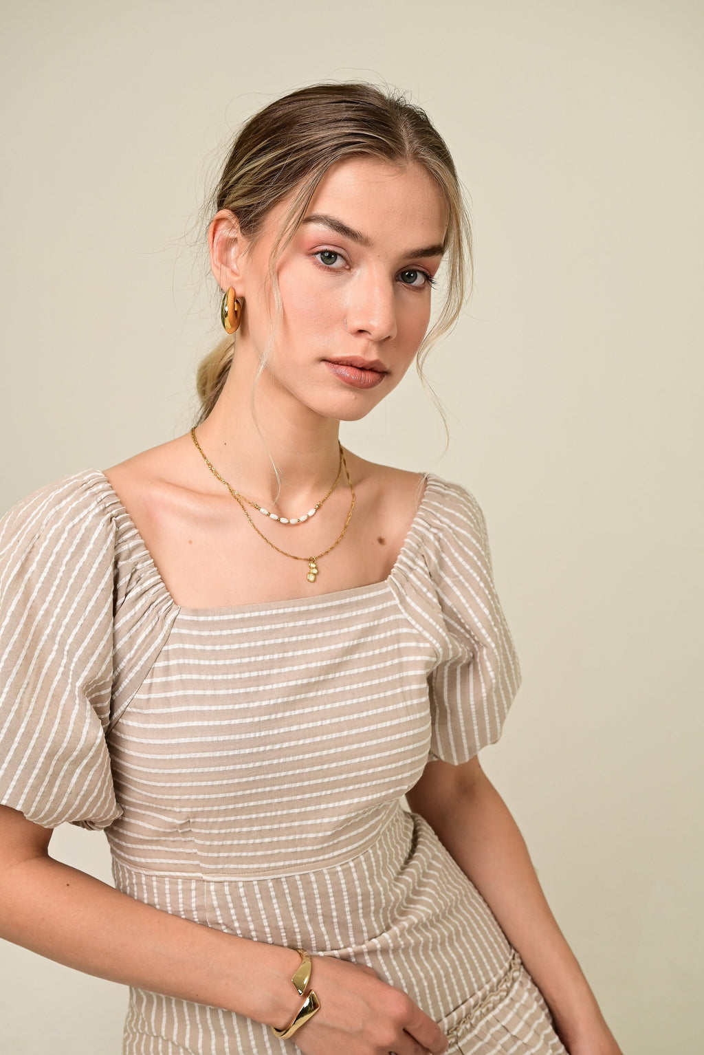 Sand Stripe Ruffle Dress