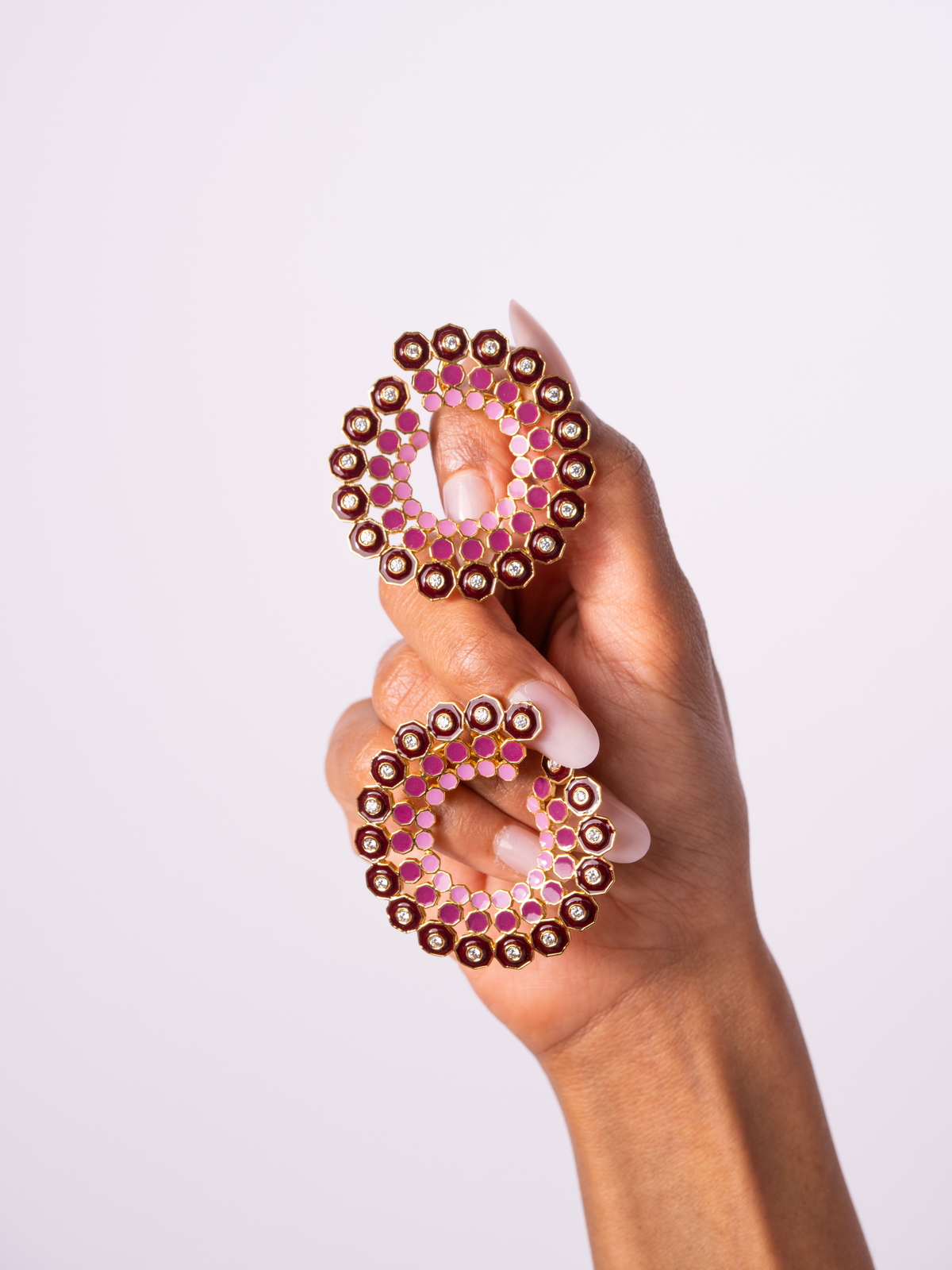 Elin Pink Enamel Statement Hoops view 2 — Karisa, The Curated Collective