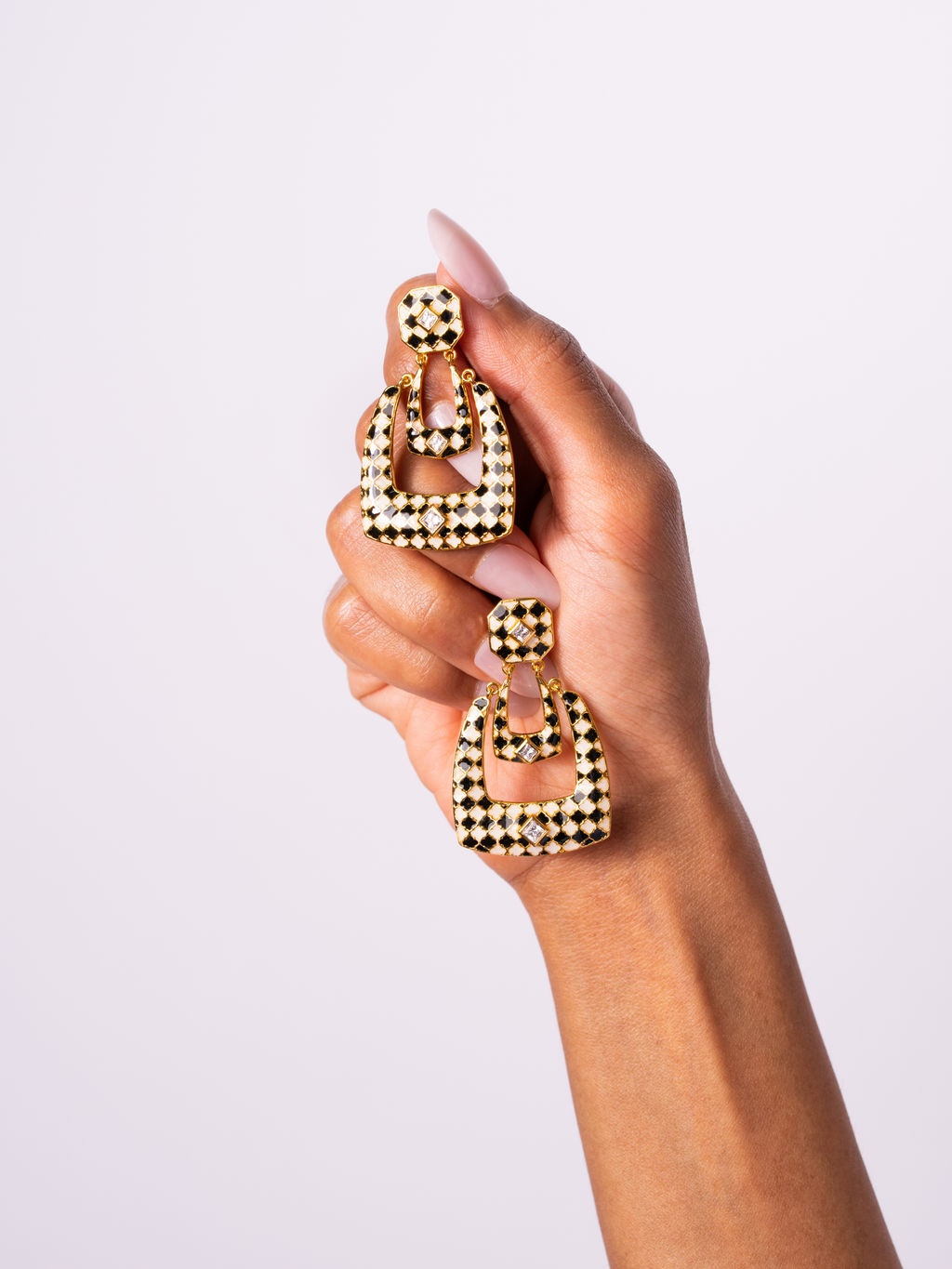 Black and White Checkered Enamel Earrings