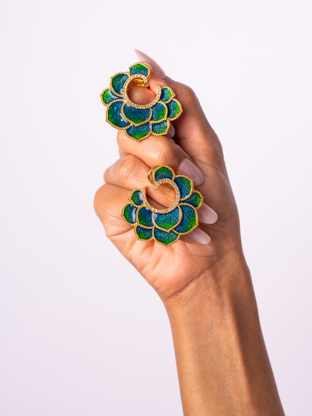Peacock Enamel Hoops view 2 — Karisa, The Curated Collective