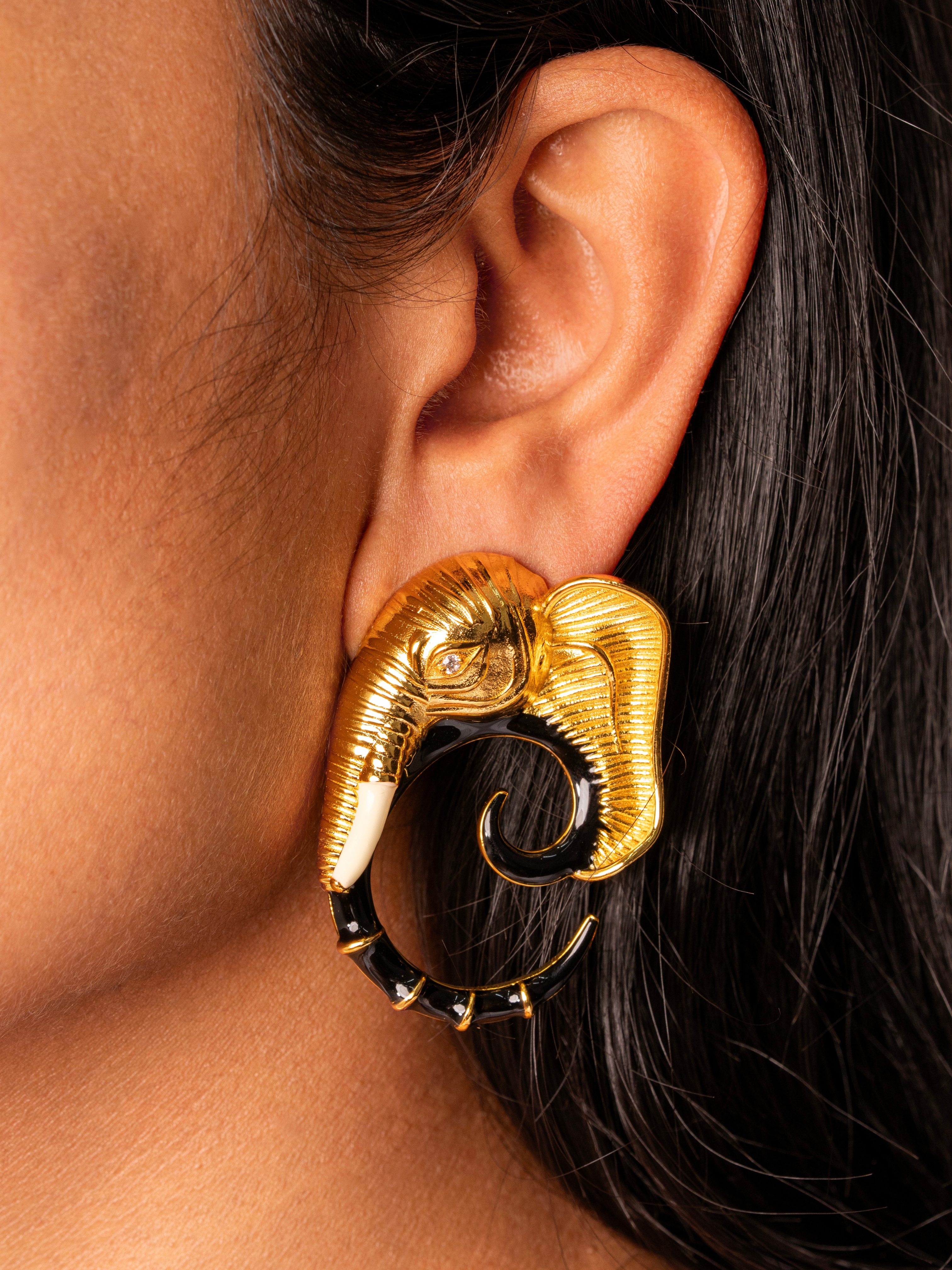 Haathi Gold Black Enamel Earrings
