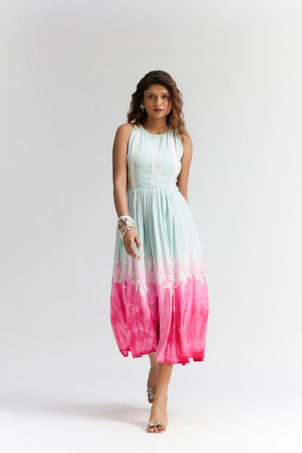 MINT PINK PLEATED OMBRE SILK MIDI EMBROIDERED DRESS