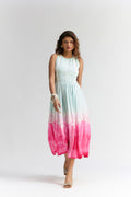 MINT PINK PLEATED OMBRE SILK MIDI EMBROIDERED DRESS