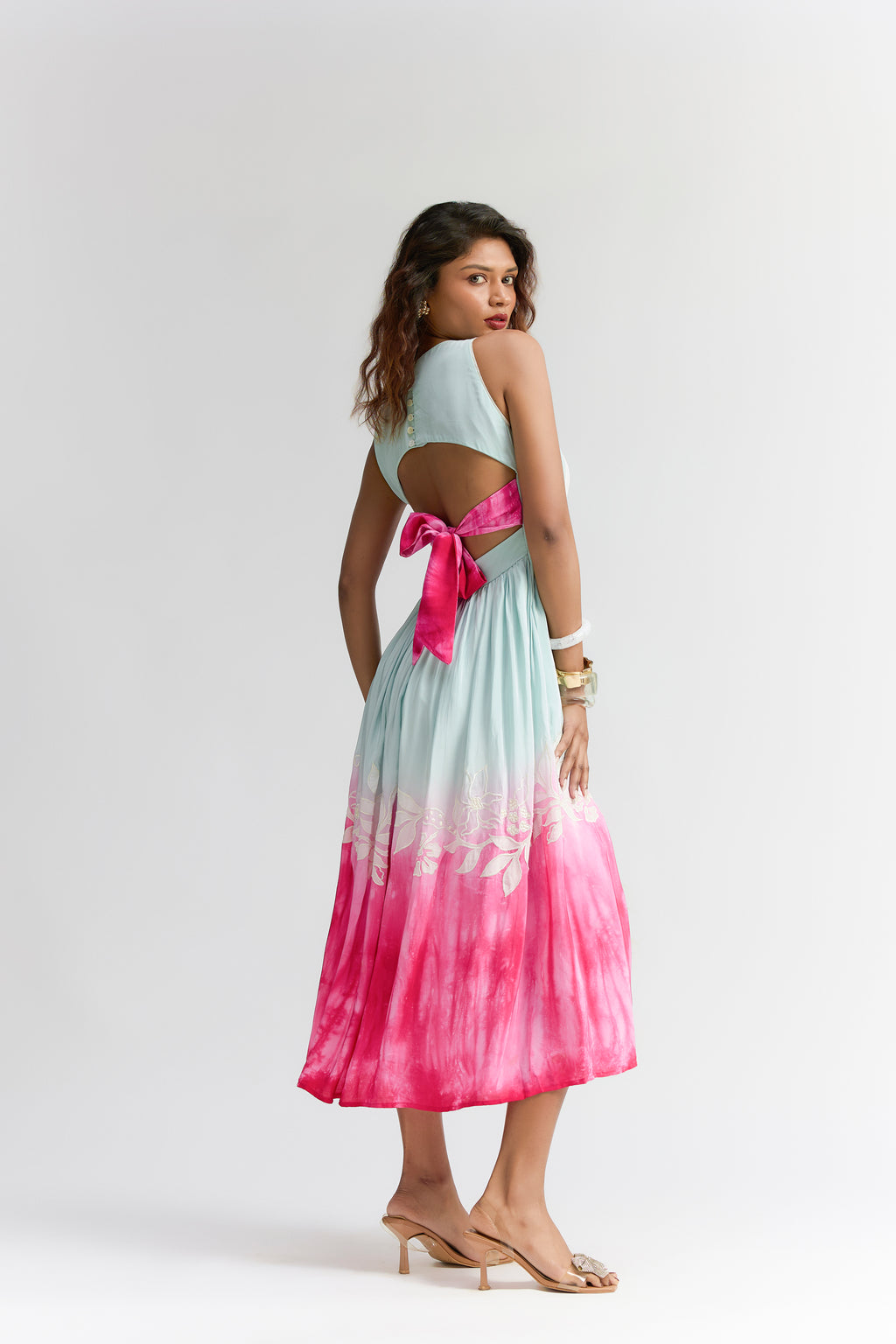 MINT PINK PLEATED OMBRE SILK MIDI EMBROIDERED DRESS