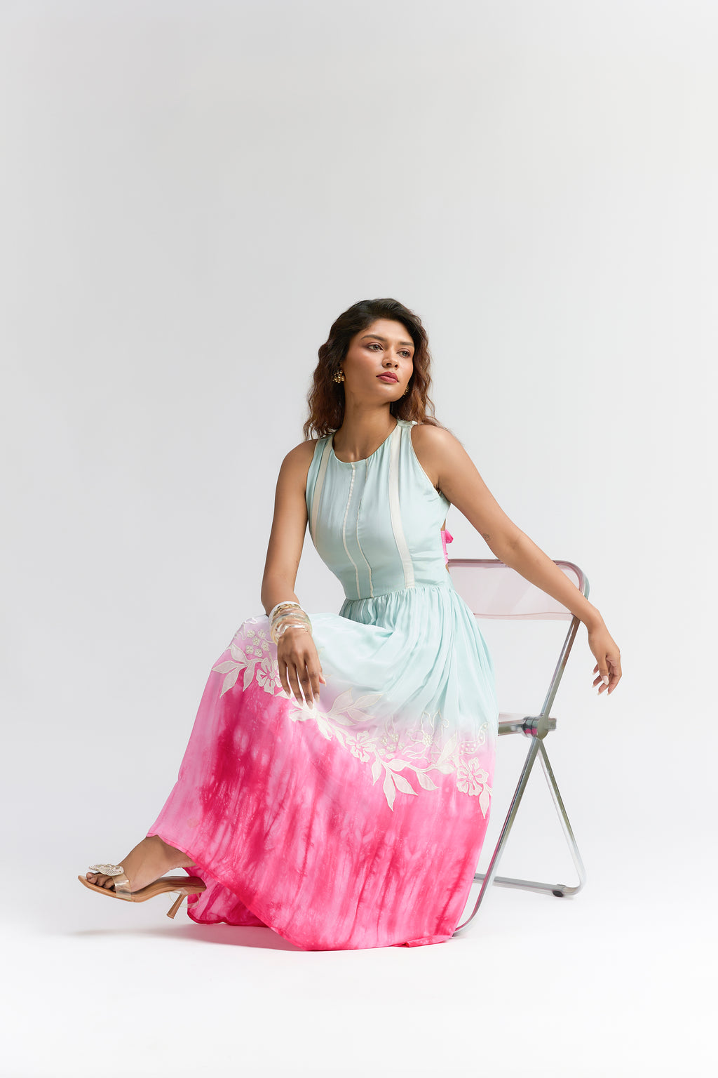 MINT PINK PLEATED OMBRE SILK MIDI EMBROIDERED DRESS