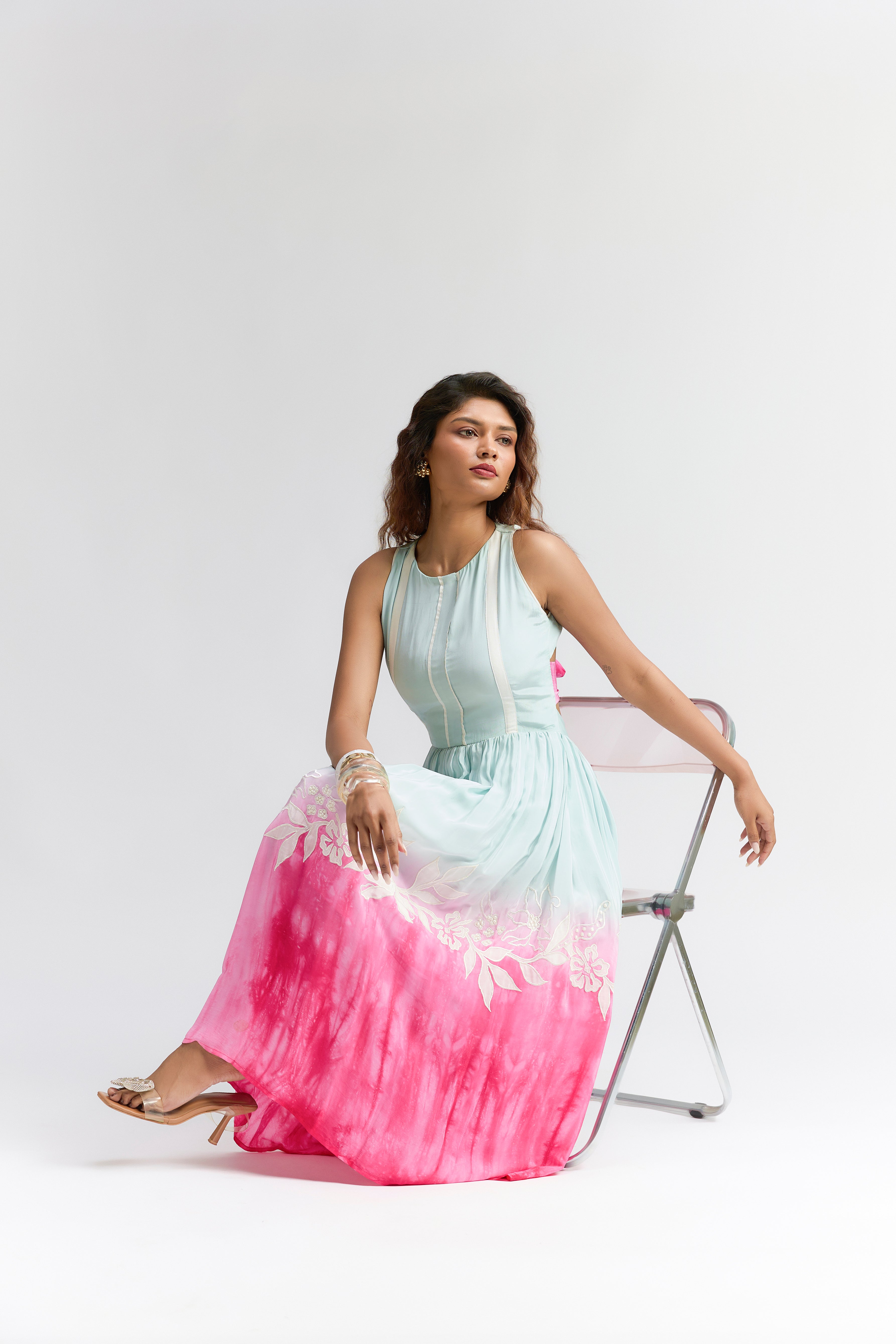 MINT PINK PLEATED OMBRE SILK MIDI EMBROIDERED DRESS