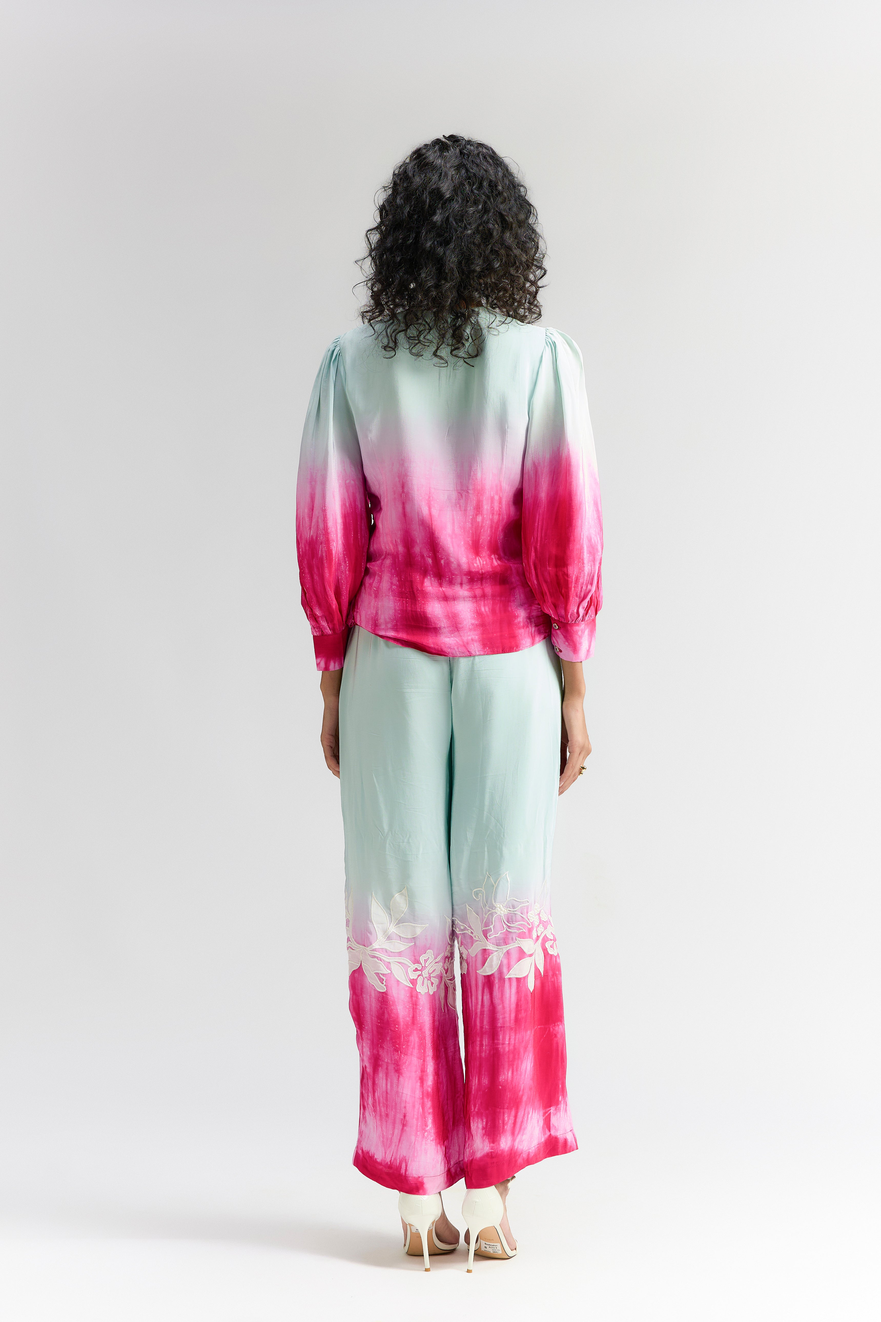 MINT PINK PLEATED OMBRE SILK EMBROIDERED COORD SET