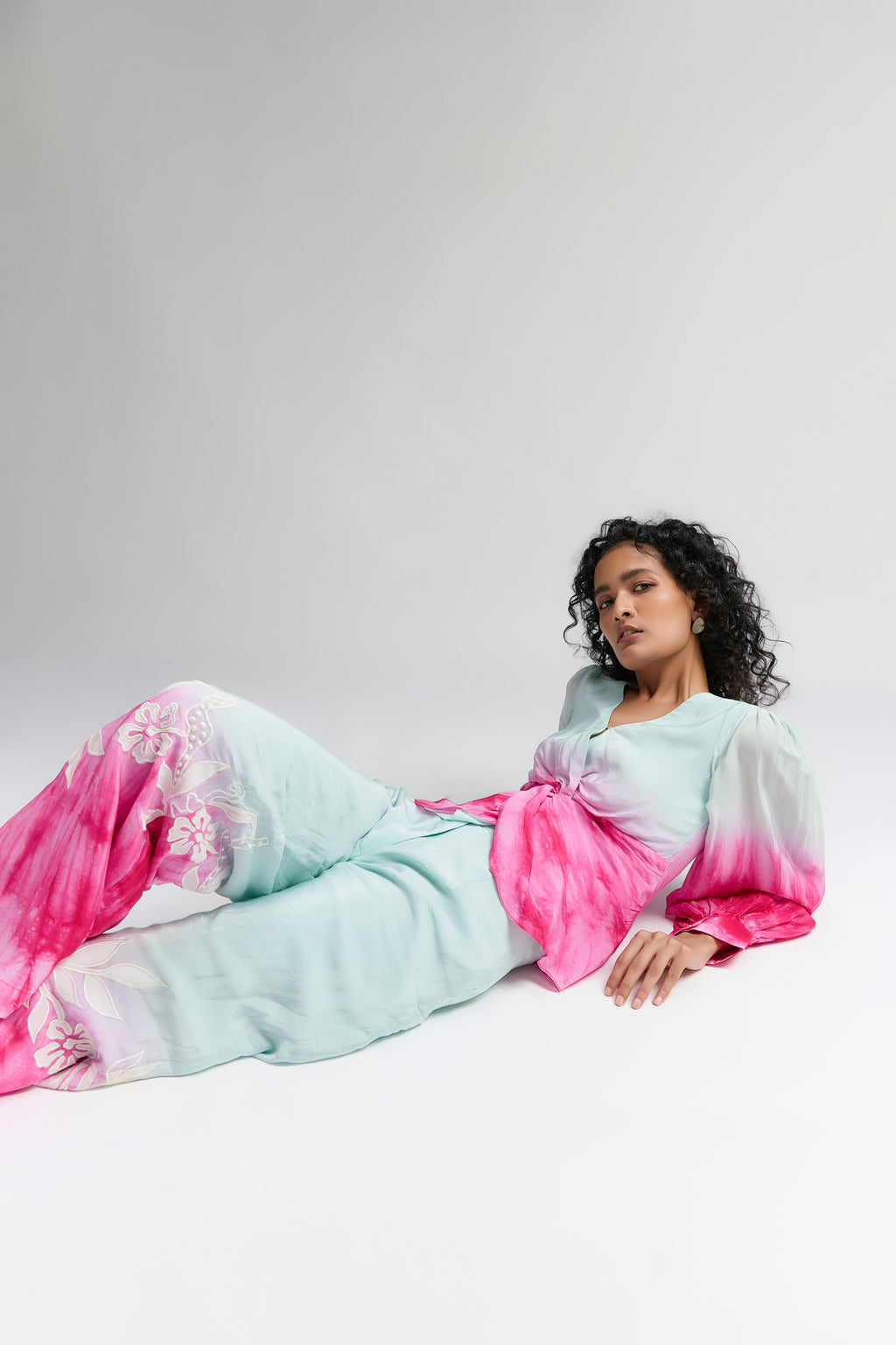 MINT PINK PLEATED OMBRE SILK EMBROIDERED COORD SET