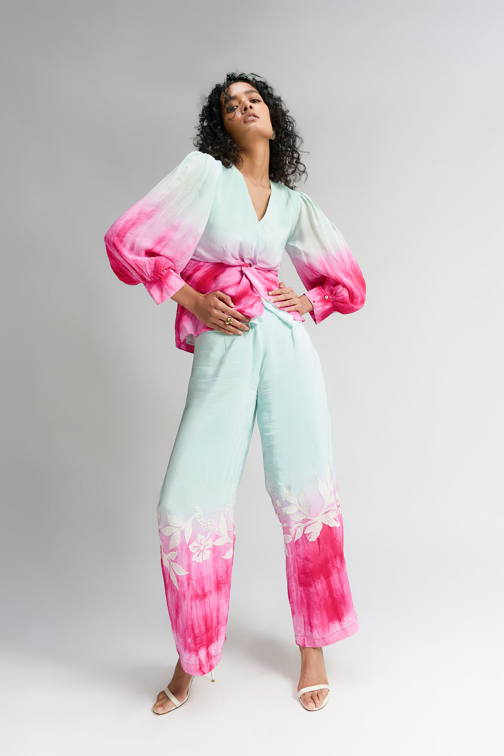 MINT PINK PLEATED OMBRE SILK EMBROIDERED COORD SET