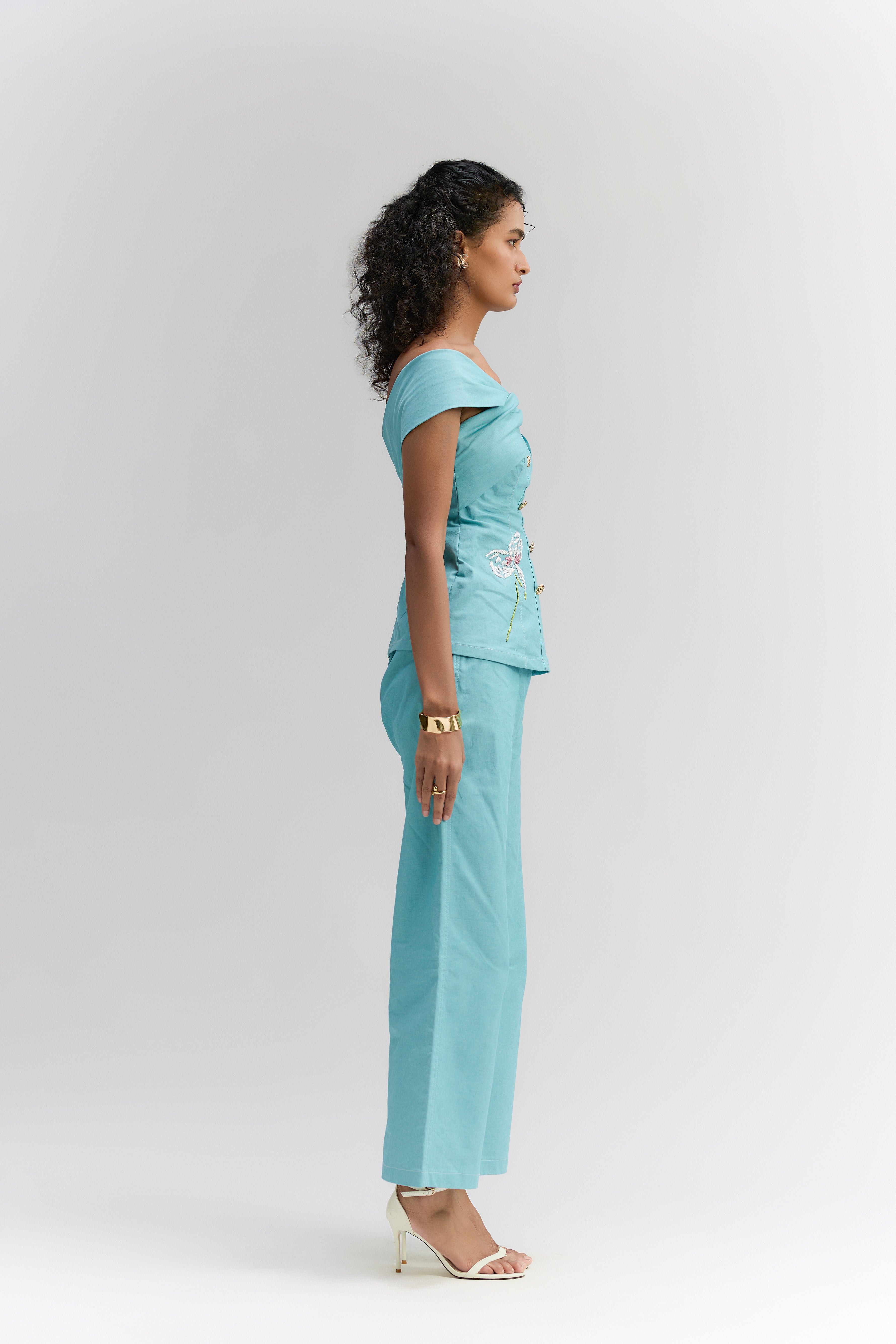 AQUA BLUE DENIM OFF-SHOULDER TOP