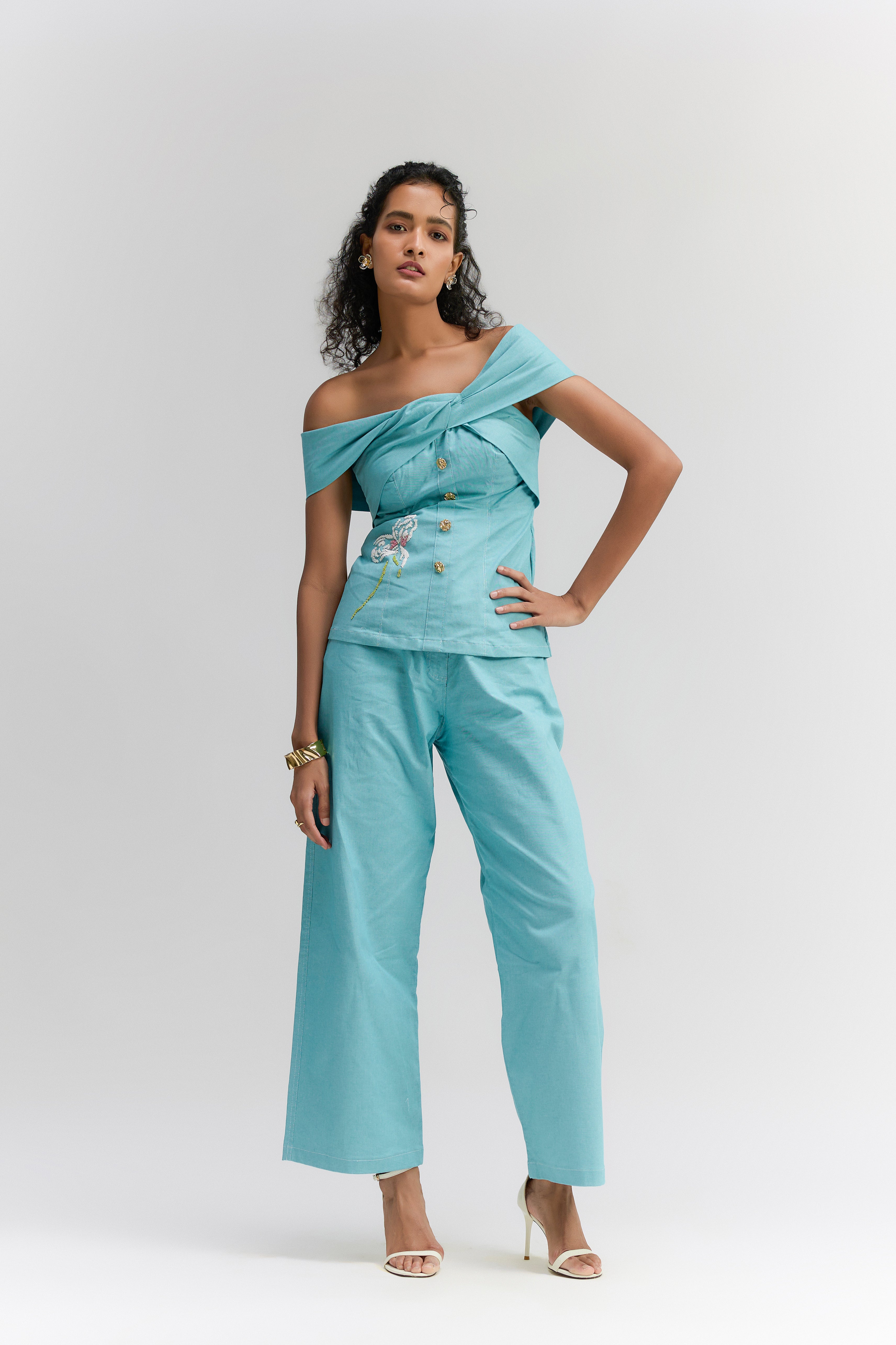 AQUA BLUE DENIM STRAIGHT FIT PANTS