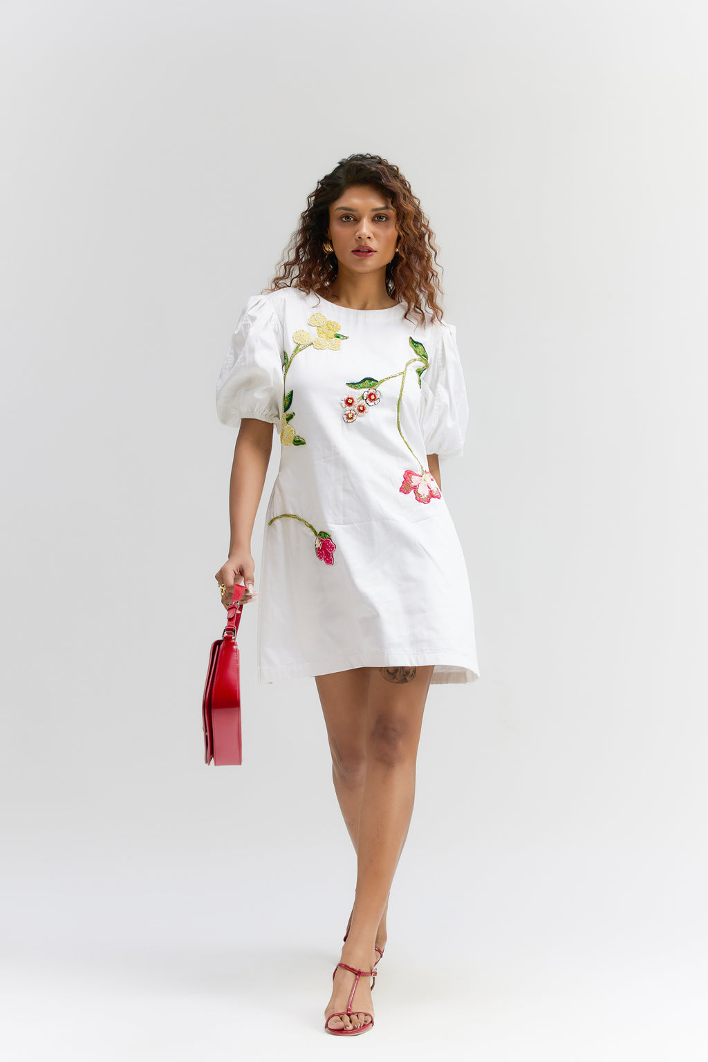 WHITE ROMA EMBROIDERED COTTON SHORT  DRESS