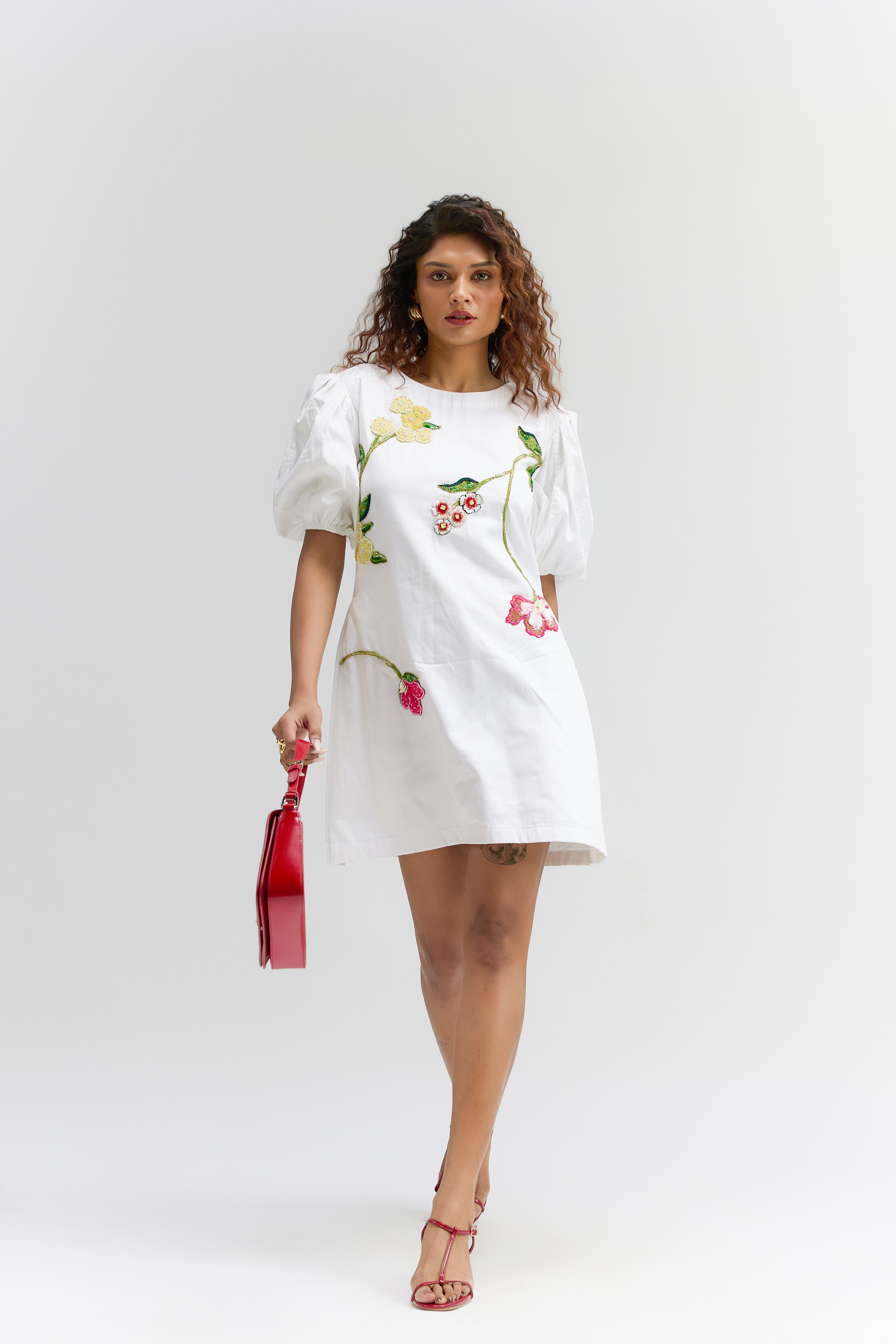 WHITE ROMA EMBROIDERED COTTON SHORT  DRESS