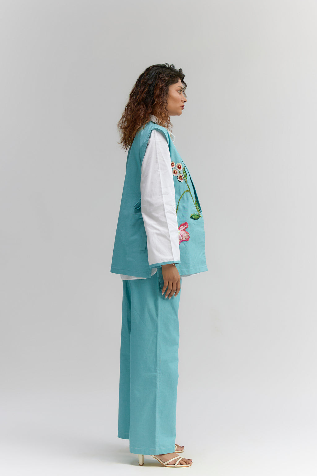 AQUA BLUE  DENIM EMBROIDERED OPEN JACKET