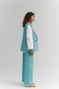 AQUA BLUE  DENIM EMBROIDERED OPEN JACKET