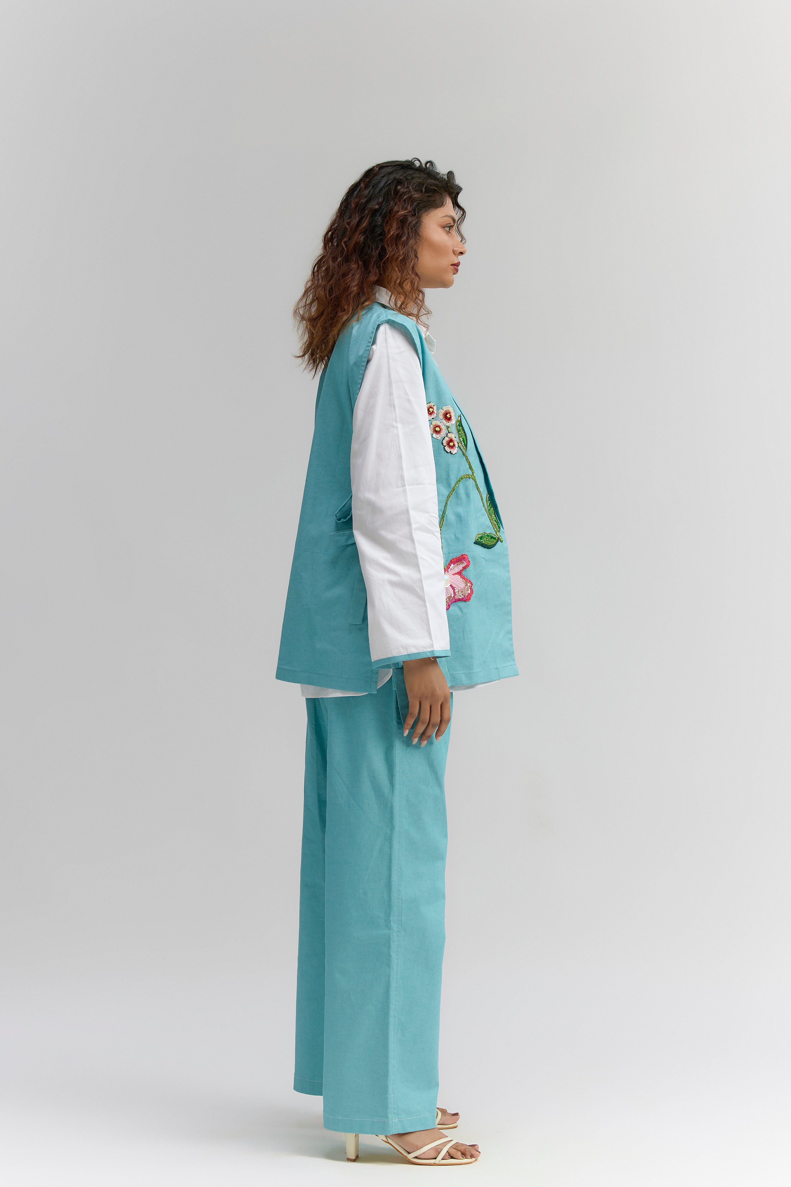 AQUA BLUE  DENIM EMBROIDERED OPEN JACKET